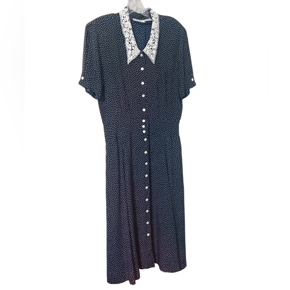 Liz Claiborne Dresses & Skirts - Liz Claiborne Vintage 90’s Navy & White Swiss Dot Maxi Dress  Lace Collar Sz 14P